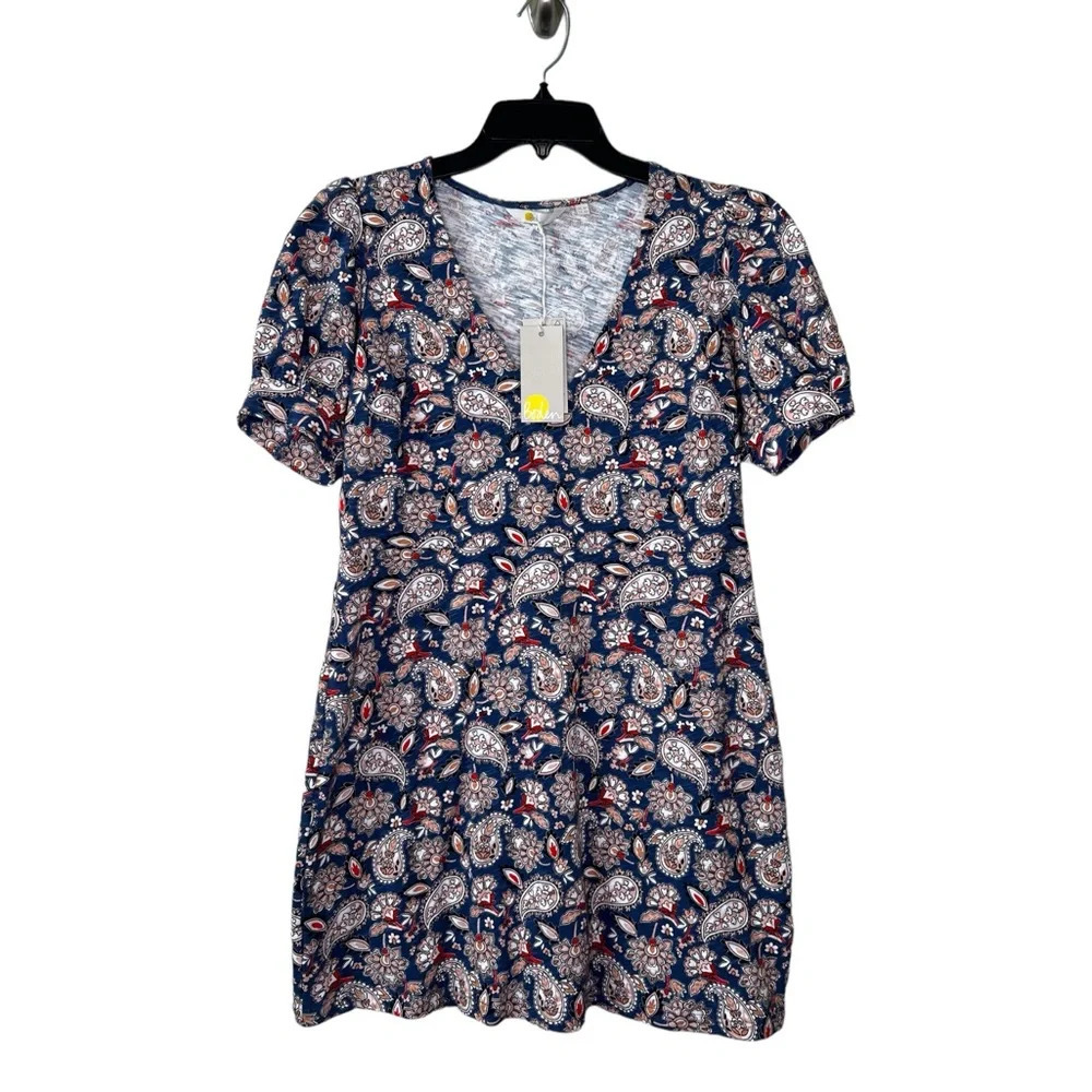 Boden V Neck Jersey Mini Dress Paisley Blue 4 P Puff Sleeves Cotton 4 Petite NWT